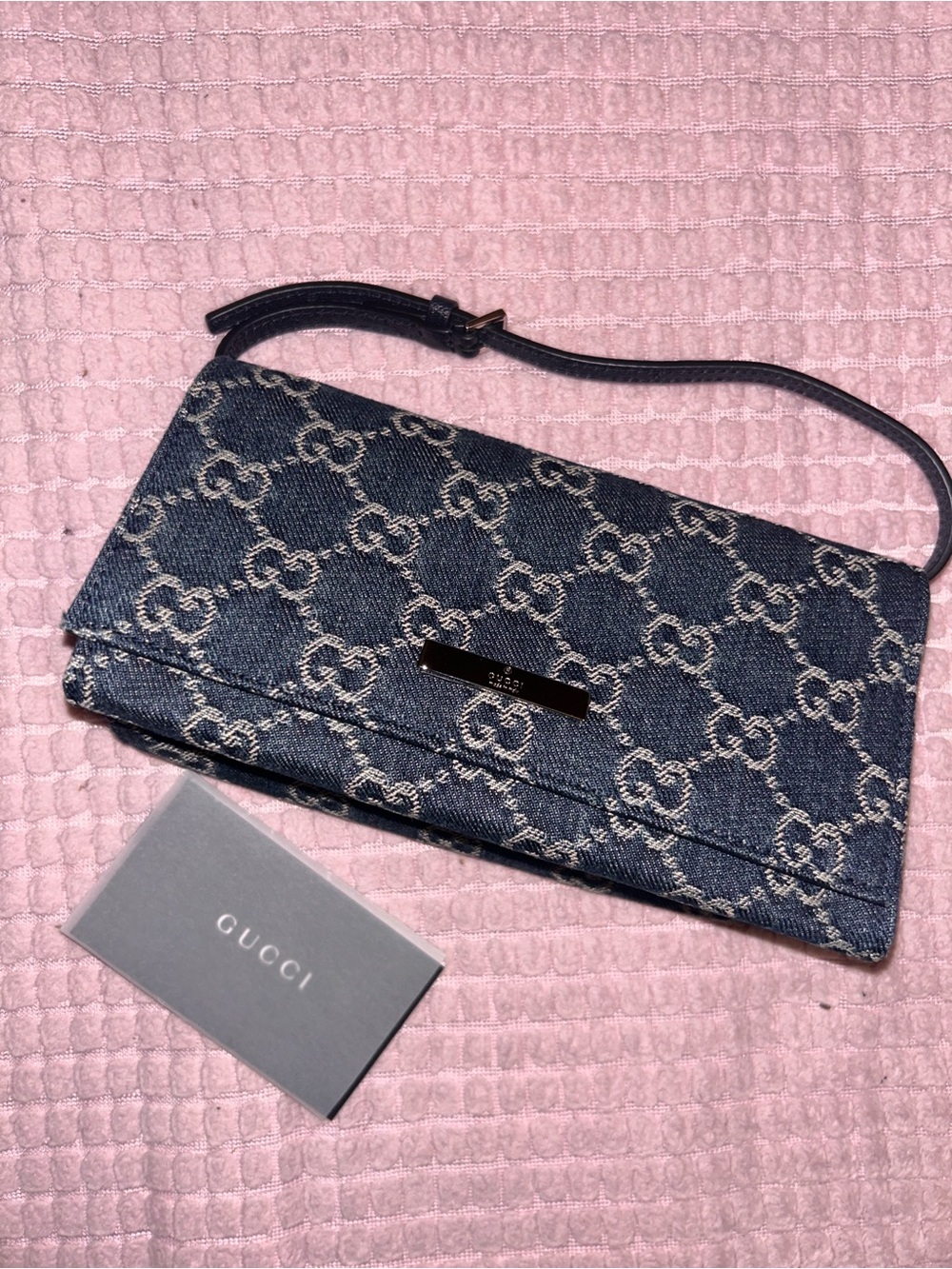 Gucci Blue Denim Monogram Phone Case Wristlet